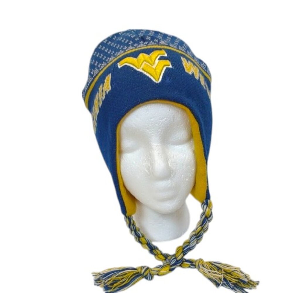 West Virginia (WVU) Gold & Blue Fleece Lined Acrylic Winter Toboggan Tassels Hat